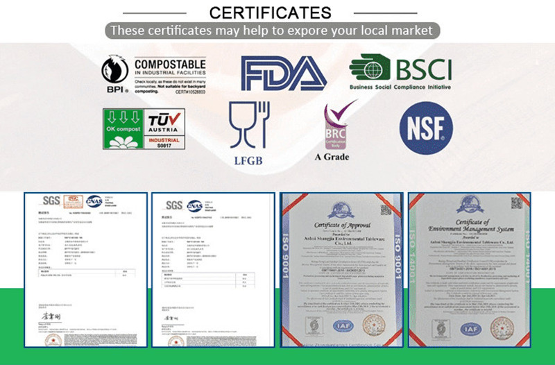 Certificaters-FDA BSCI LFGB BRC NSF BPI Compostable-Food Packaging-Anhui Ecoearth Green Packaging Co., Ltd.